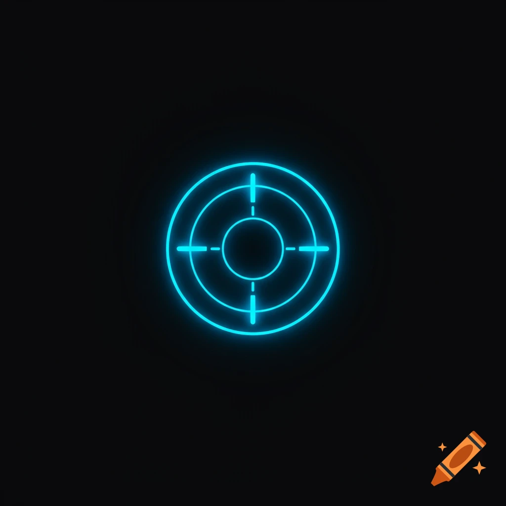 A glowing blue neon circle crosshair with a soft glow, centered on a black background, in a sleek tech-inspired style.