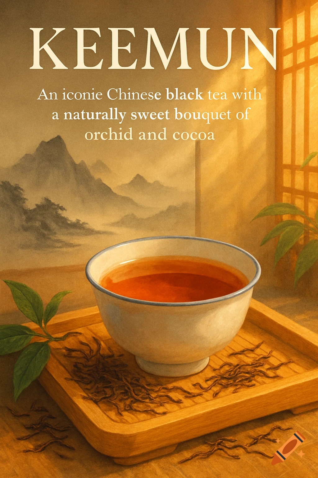 A flyer for Keemun black tea, featuring a tea cup on a wooden tray with loose tea leaves, a background of misty mountains, and text describing the tea.
