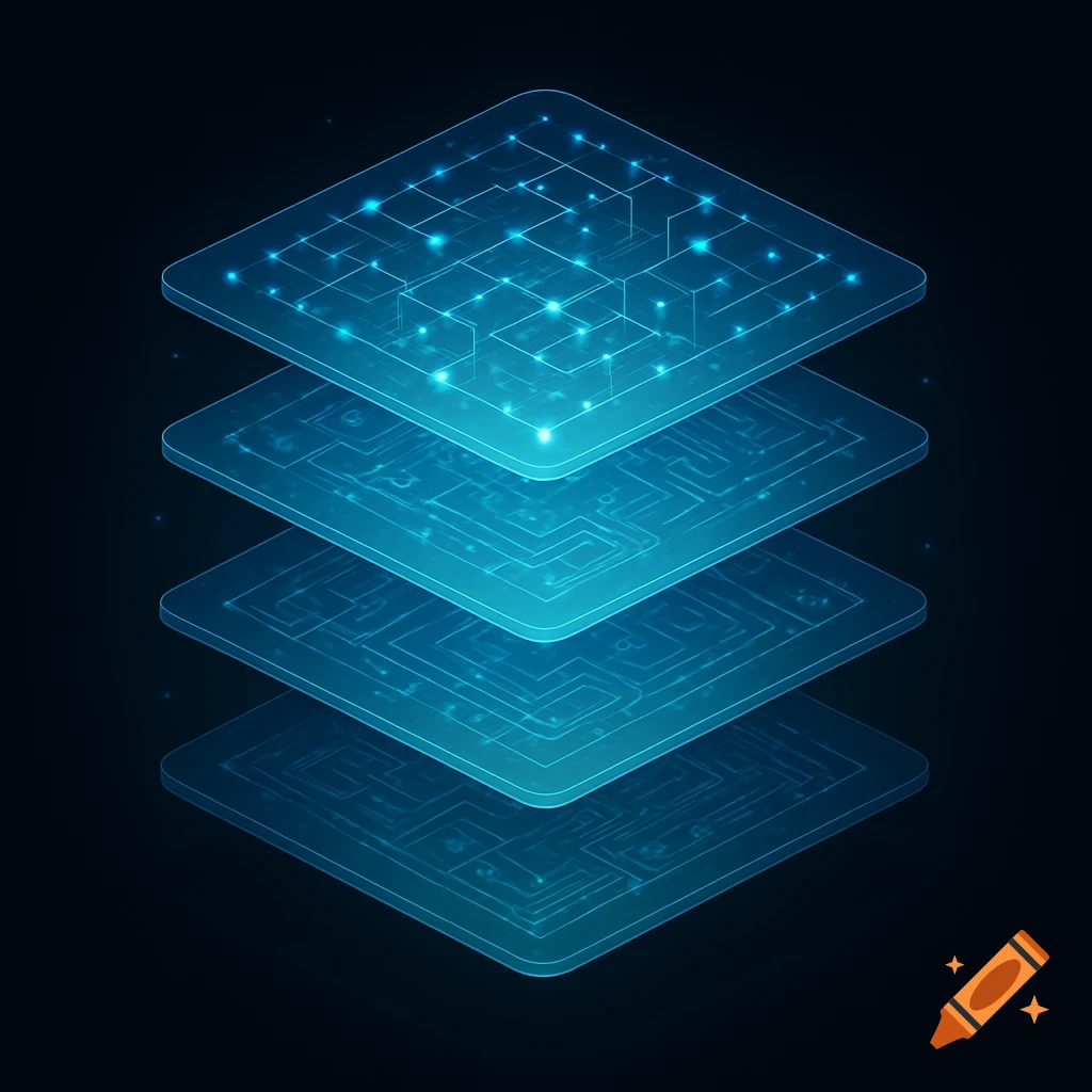 Four glowing blue abstract layers with circuit patterns, representing web architecture on a dark background.