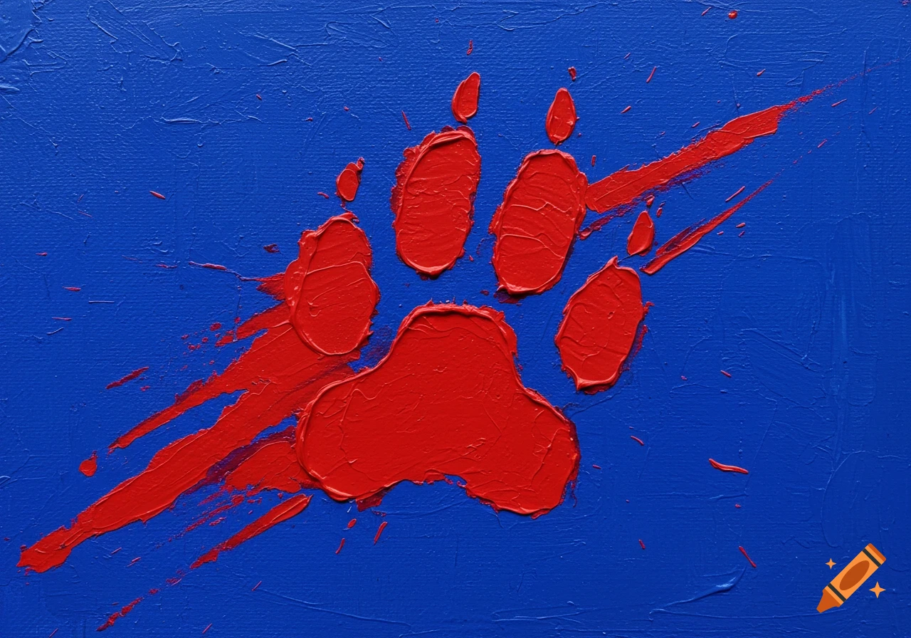 An oil painting featuring a textured crimson red paw print smeared across a vibrant royal blue canvas.