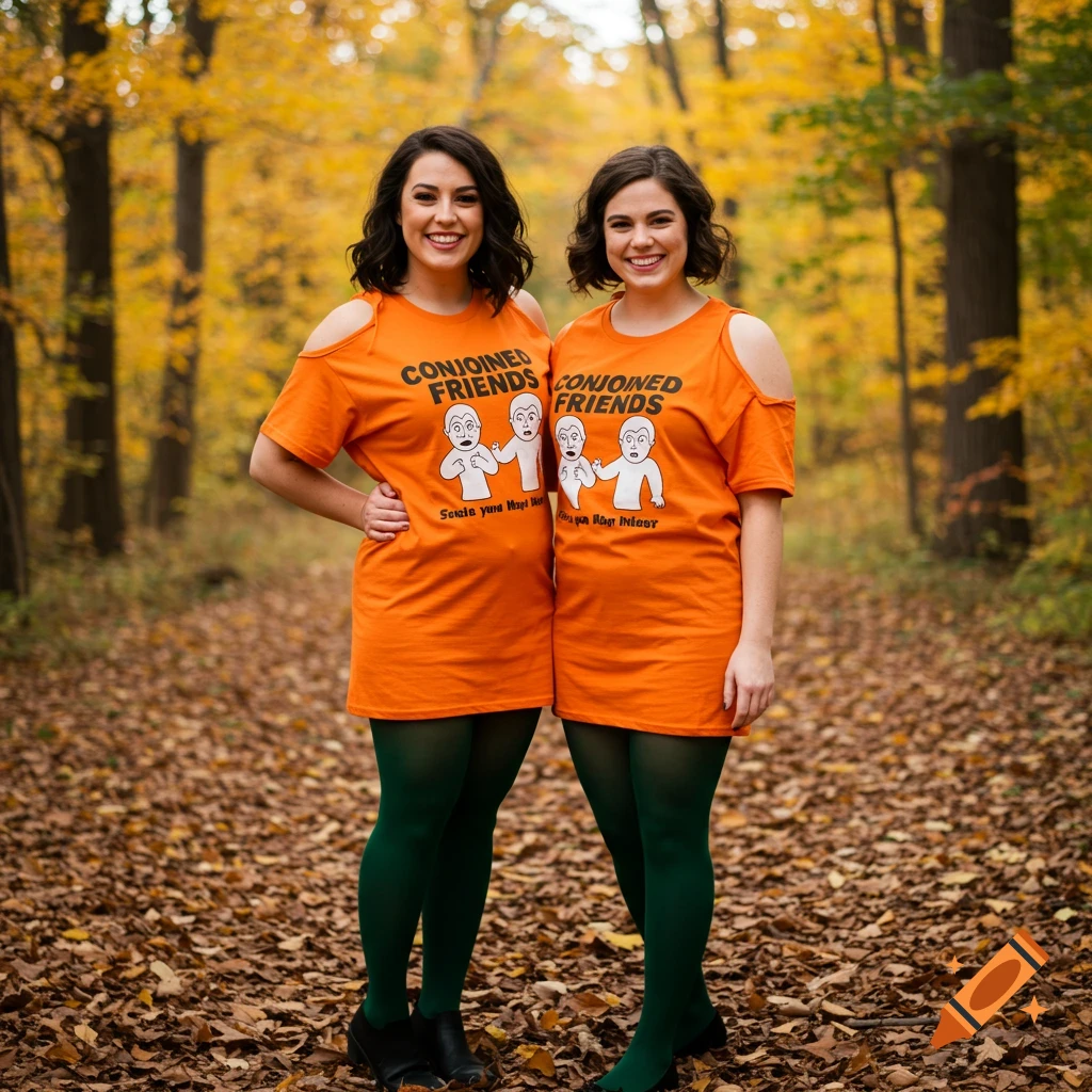 Two smiling women in orange 'Conjoined Friends' t-shirt dresses and green tights stand in an autumn forest.