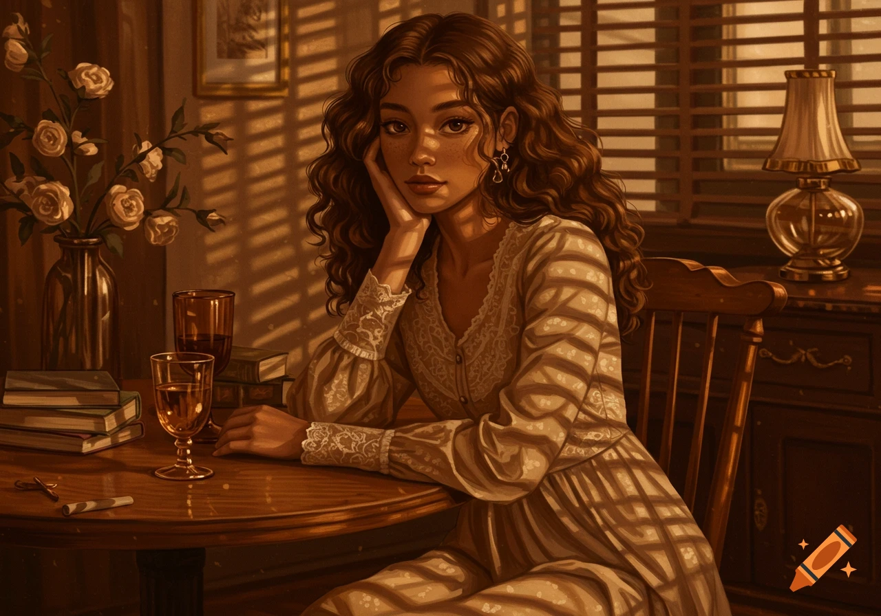 A young woman with curly hair sits at a wooden table in warm light, resting her head on her hand, with books and glasses nearby. Digital painting.