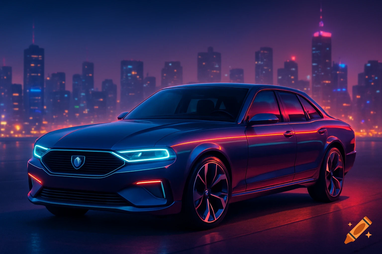 A sleek dark blue modern car with glowing neon blue and red lights parked on a reflective surface in front of a blurry, neon-lit cityscape at night.