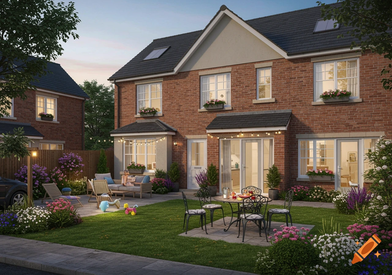 Photorealistic image of a brick semi-detached house with a lush garden, patio, outdoor seating, and flowering plants at dusk.