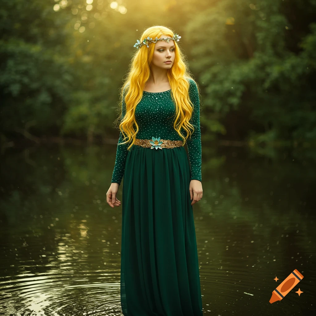 A fair woman with long wavy yellow hair, a flower crown, and a green gown with a golden water lily belt stands in a calm body of water at sunset.