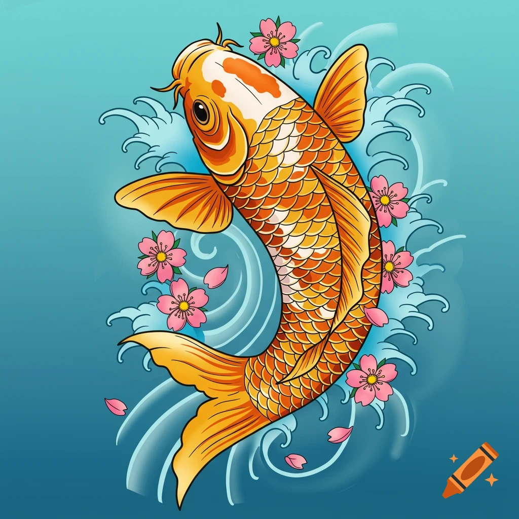 A vibrant orange and white koi fish swimming amidst blue water swirls and pink cherry blossoms in a stylized tattoo art style.