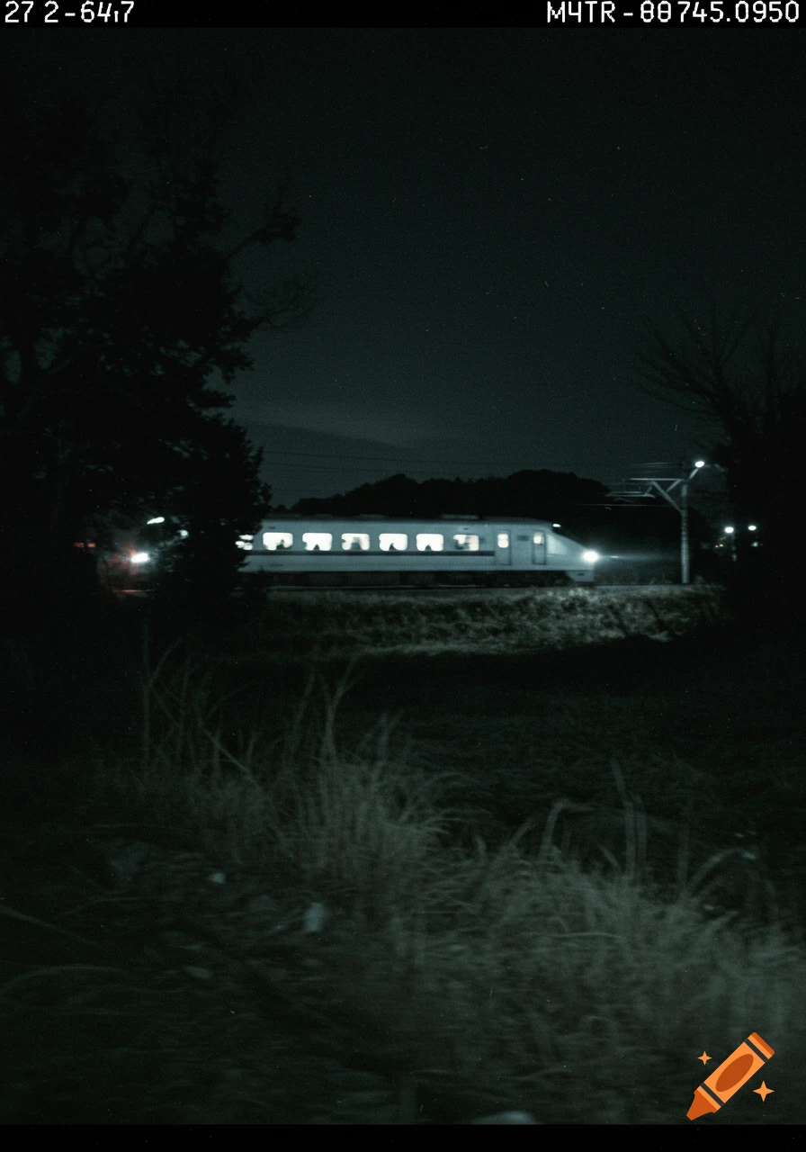 A Japanese bullet train moves across tracks at night, captured in a grainy, dark, low-quality style resembling security camera footage.