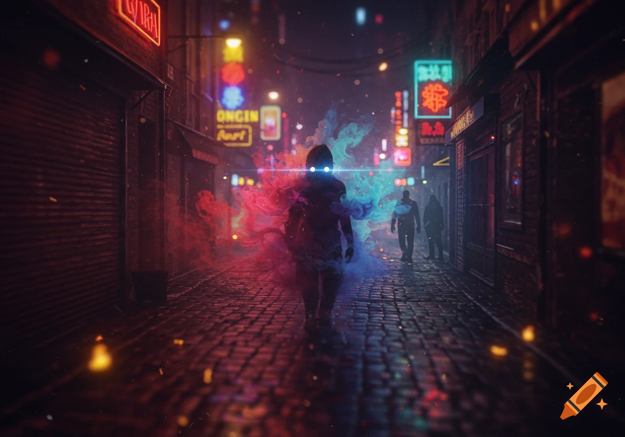 A silhouetted figure with glowing eyes and colorful smoke walks down a dark, neon-lit cyberpunk alley at night.