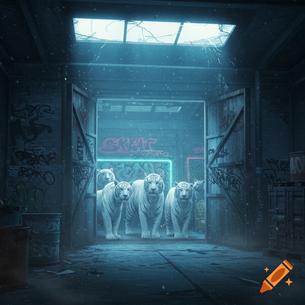 Five white tigers stand in the doorway of a dilapidated, graffiti-covered warehouse with neon signs, illuminated by a skylight.