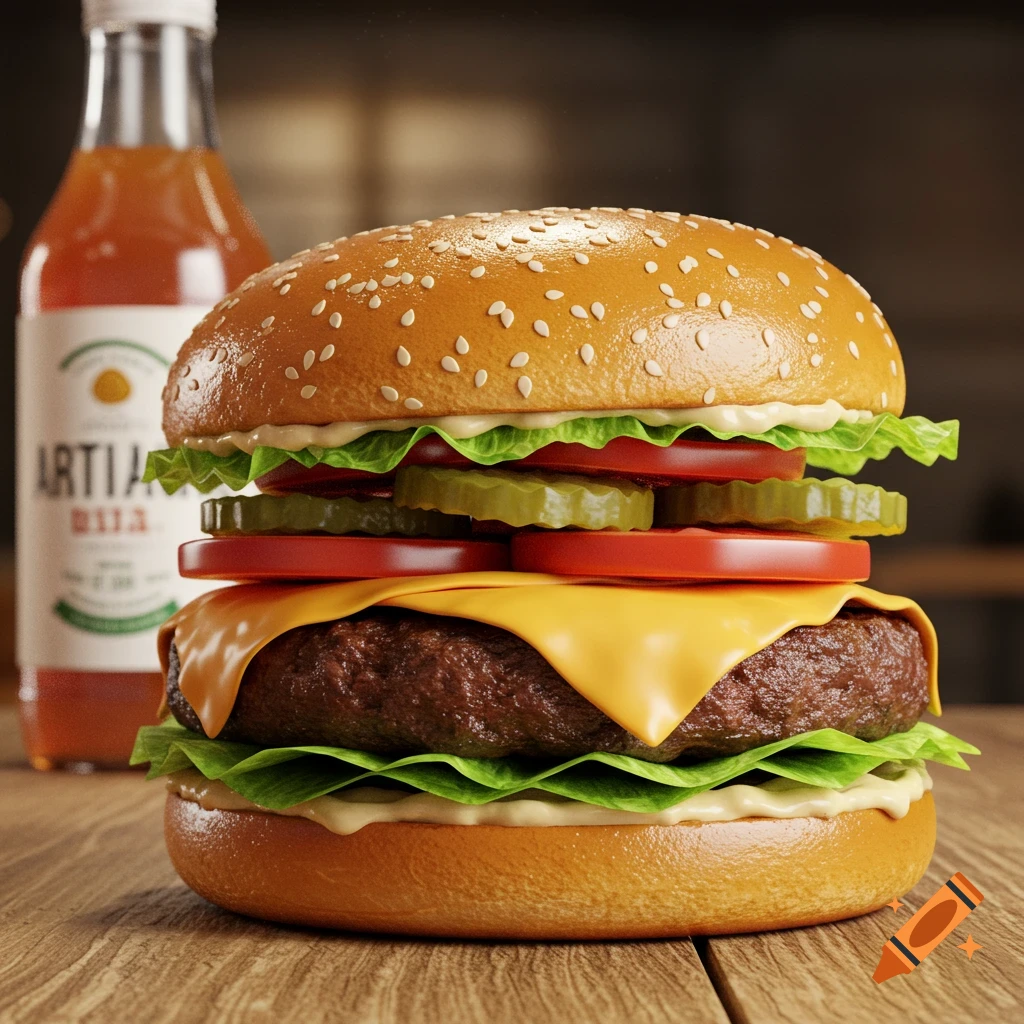 A photorealistic close-up of a cheeseburger with lettuce, tomato, and pickles on a wooden table, with a blurred bottle in the background.