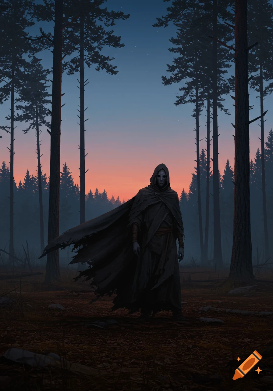 A dark robed, masked figure stands in a pine forest at dusk under an orange and blue sky.
