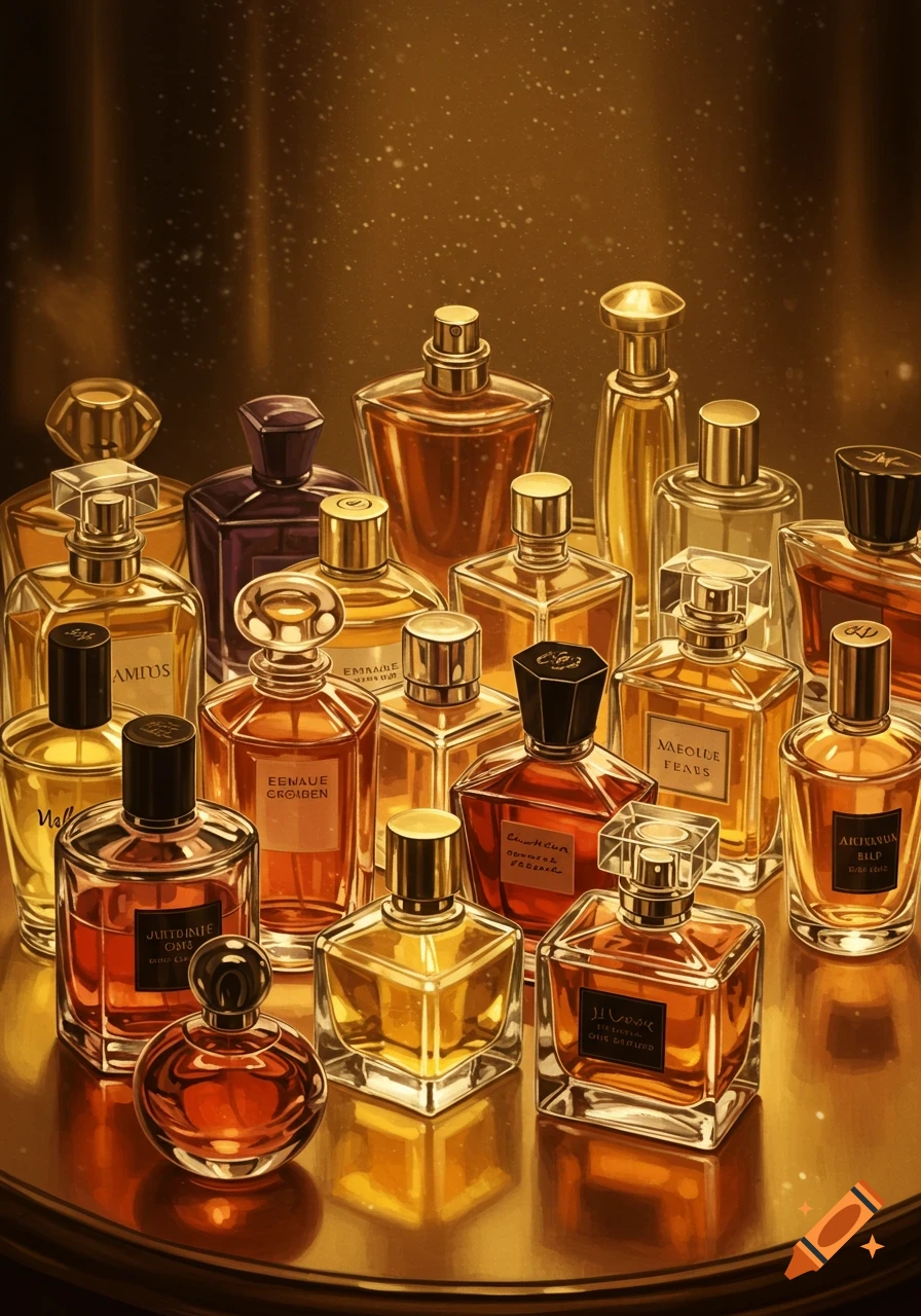 A close-up of many gold and amber colored perfume bottles arranged on a reflective golden table against a dark background. The scene is lit with warm light.