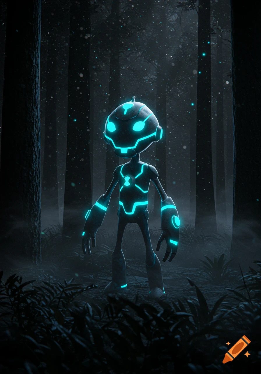 A glowing blue alien character, Echo Echo from Ben 10, stands in a dark, misty forest with tall trees and luminous specks.