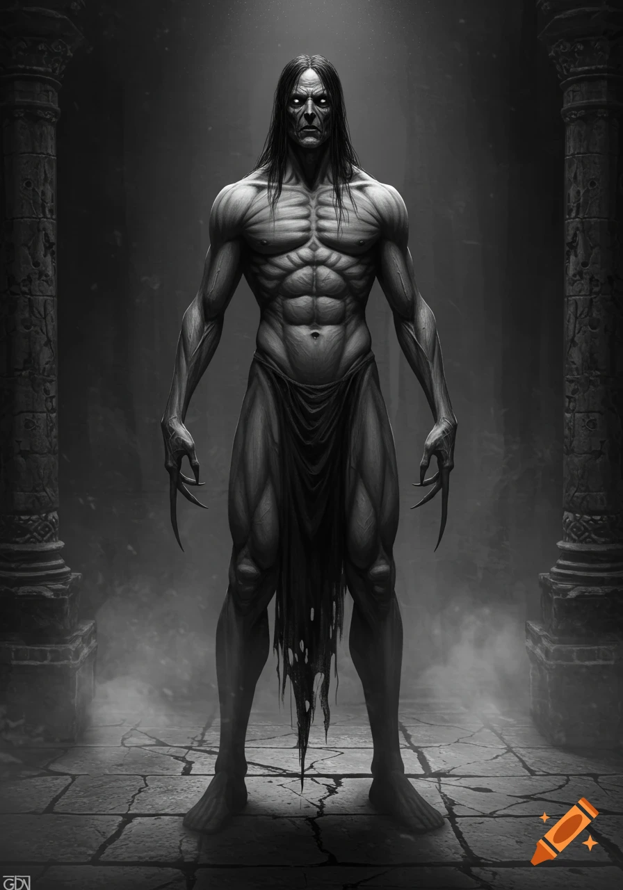 A towering, muscular, ash-gray humanoid creature with long black hair and claws stands in a dark, ruined temple.