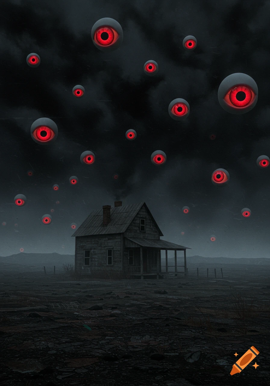 A secluded house in thick black fog, with numerous red eyes floating in the dark sky, in a surreal Weirdcore style.