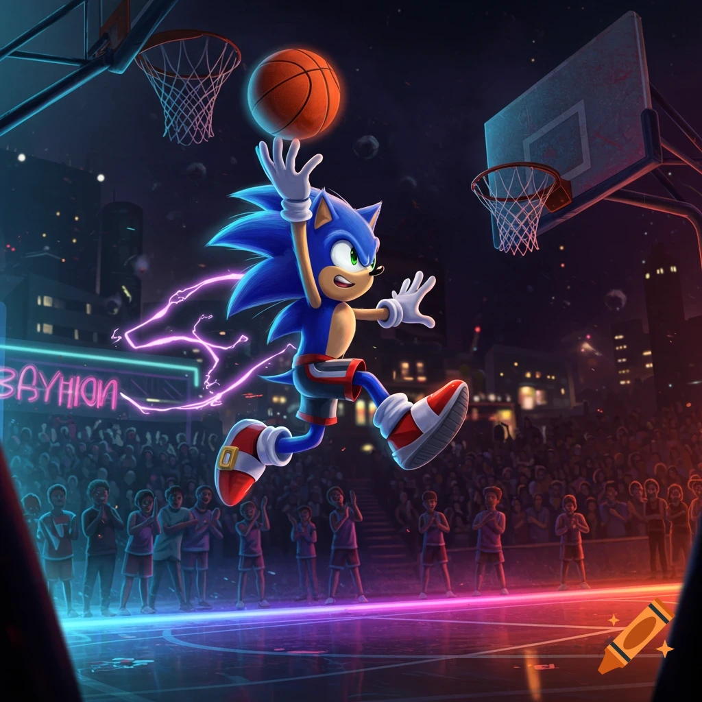 Sonic the Hedgehog jumps high to dunk a basketball on a neon-lit court at night, surrounded by a cheering audience.
