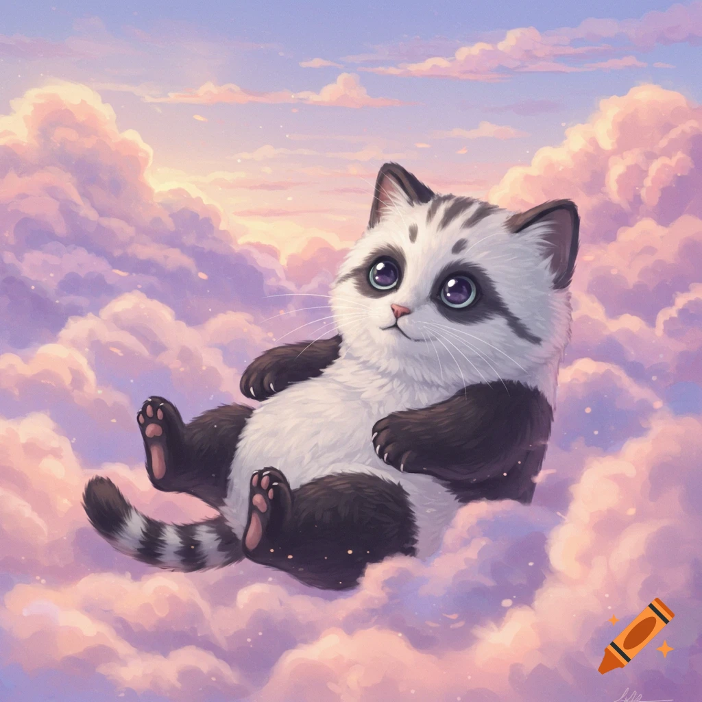 A cute cat-panda hybrid with large eyes floats on pastel pink and purple clouds at sunset.