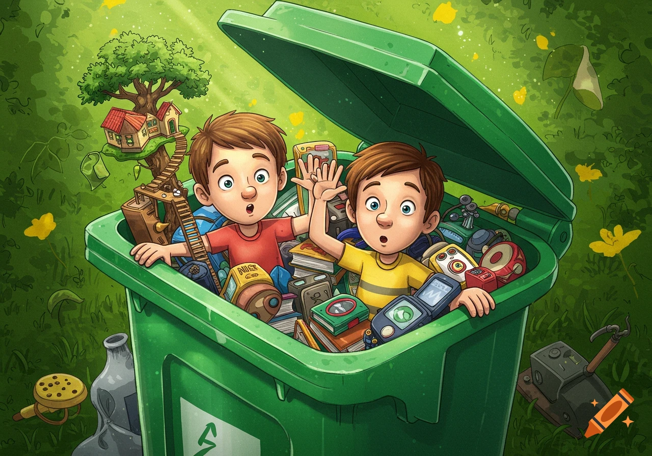 Two cartoon boys pop out of a large green recycling bin filled with old items, set against a whimsical outdoor background with a treehouse.