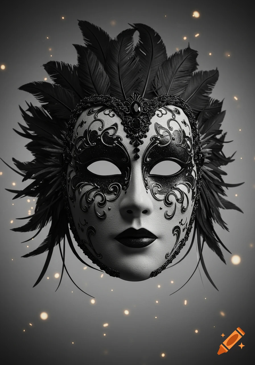 A detailed black and white ornate masquerade mask adorned with feathers, set against a dark background with sparkling lights.