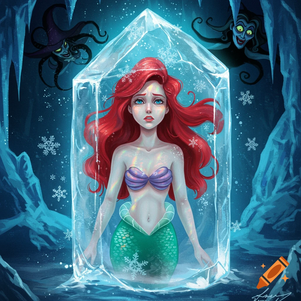 Cartoon illustration of Ariel, the Little Mermaid, trapped in a block of ice in an icy cave, with two shadowy sea witches lurking above.