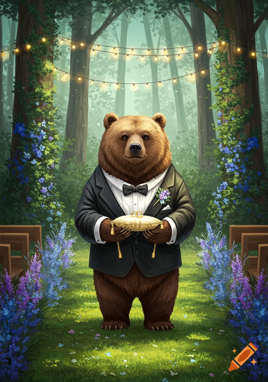 A cute brown bear in a tuxedo holds a ring pillow in a decorated forest clearing, ready for a wedding.