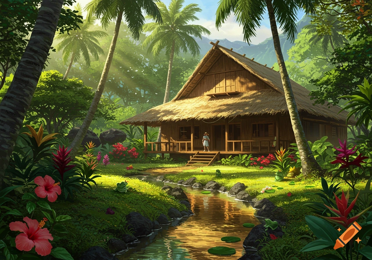 A vibrant illustration of a rustic wooden house with a thatched roof nestled in a lush tropical jungle, with a winding stream in the foreground.