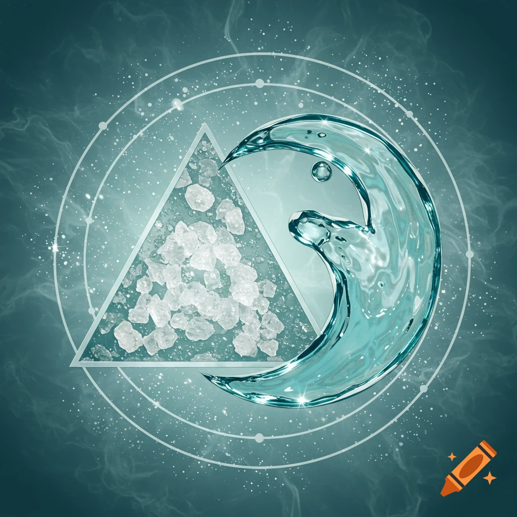 Abstract image of a triangle filled with salt crystals beside a swirling wave of water, encircled by geometric lines on a teal background.