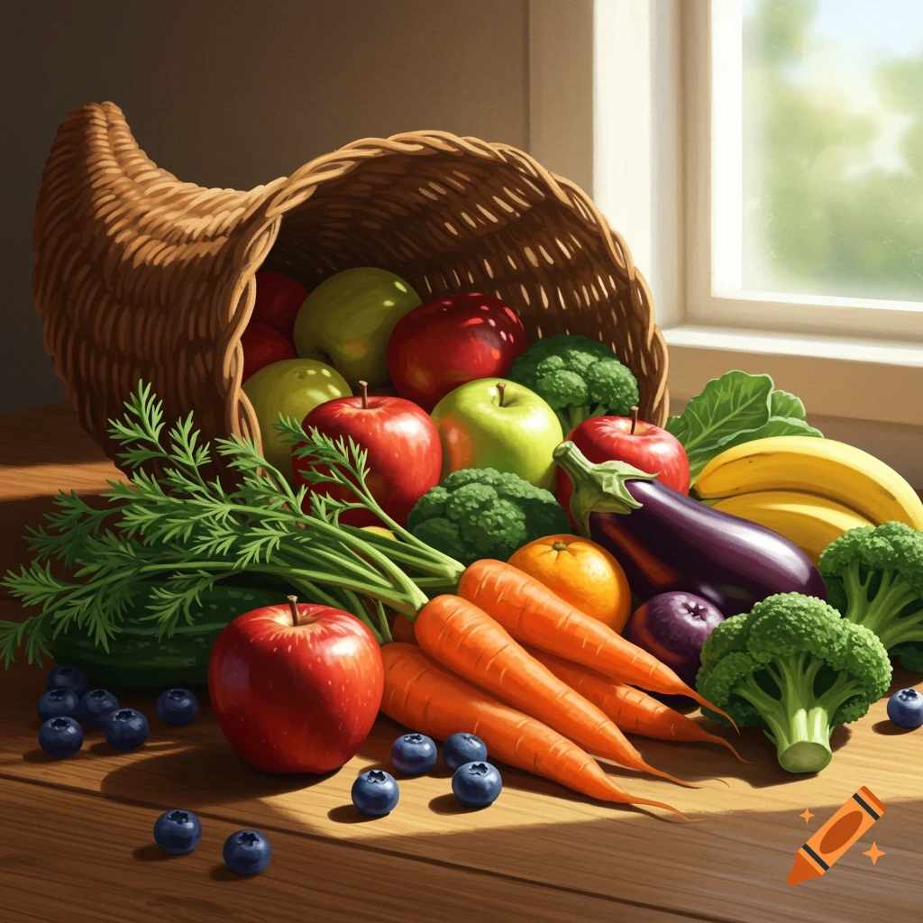 A cornucopia overflowing with vibrant fruits and vegetables on a wooden table bathed in sunlight from a window.