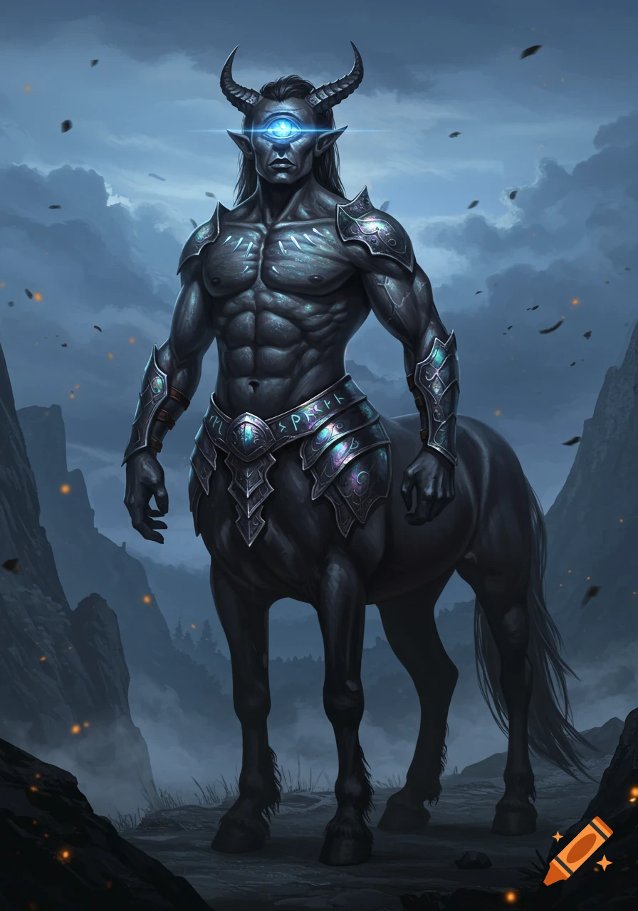 A muscular, dark-skinned cyclops centaur with horns and a glowing blue eye, wearing ornate armor, stands in a misty, mountainous fantasy landscape.