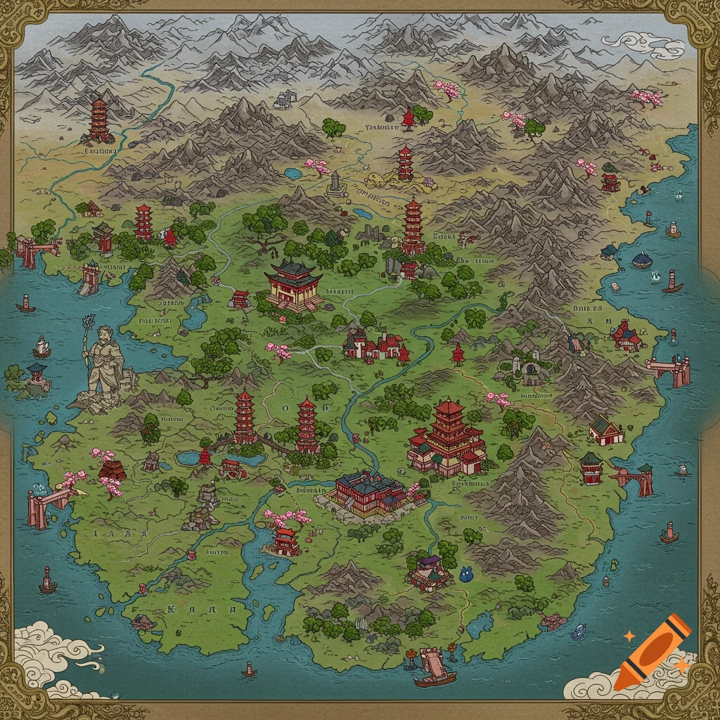 A detailed fantasy map of a large continent with mountains, rivers, pagodas, temples, and boats, inspired by East Asian landscapes.