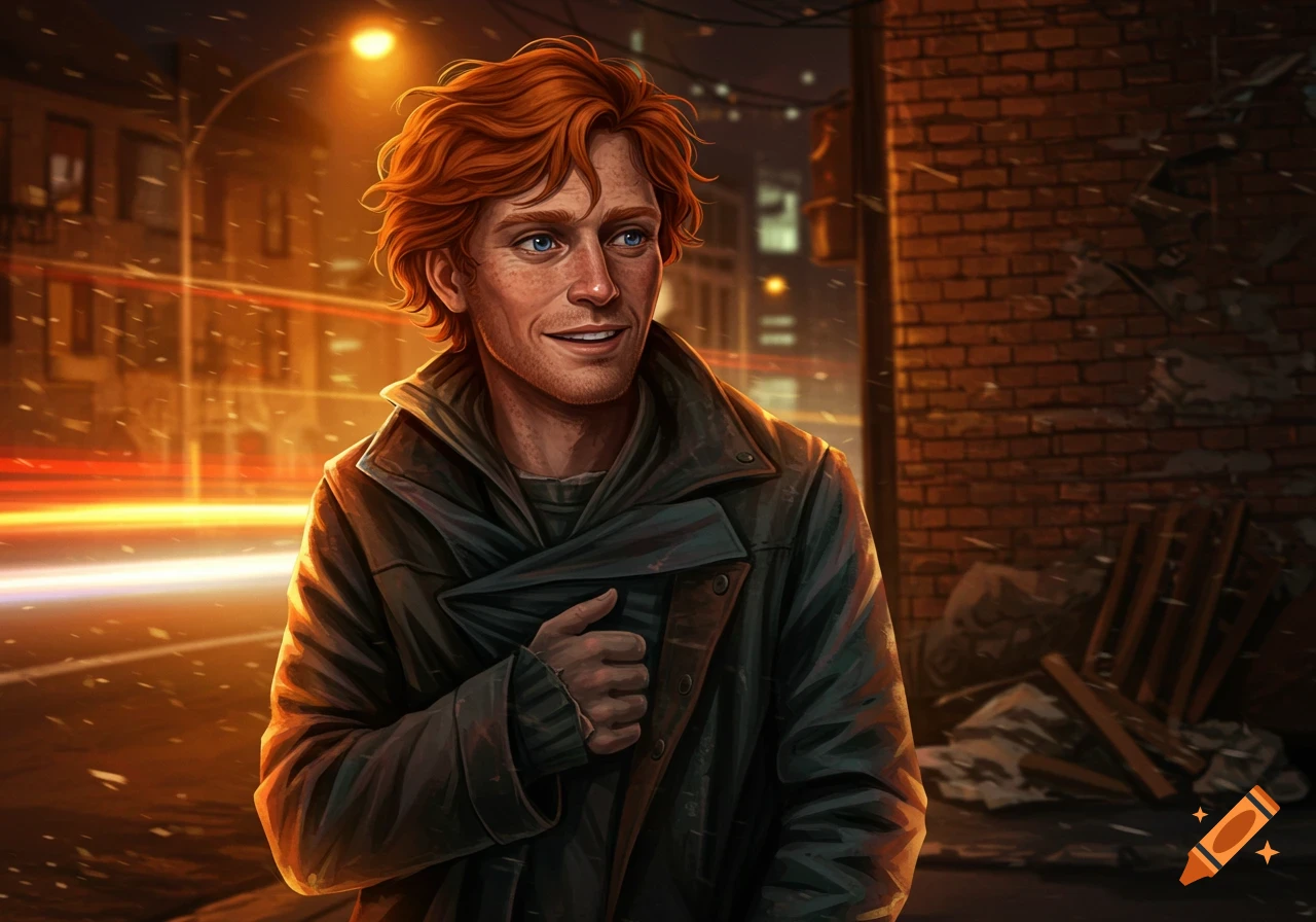 Digital painting of a ginger man with blue eyes smiling in a snowy urban night, illuminated by streetlights and car trails.