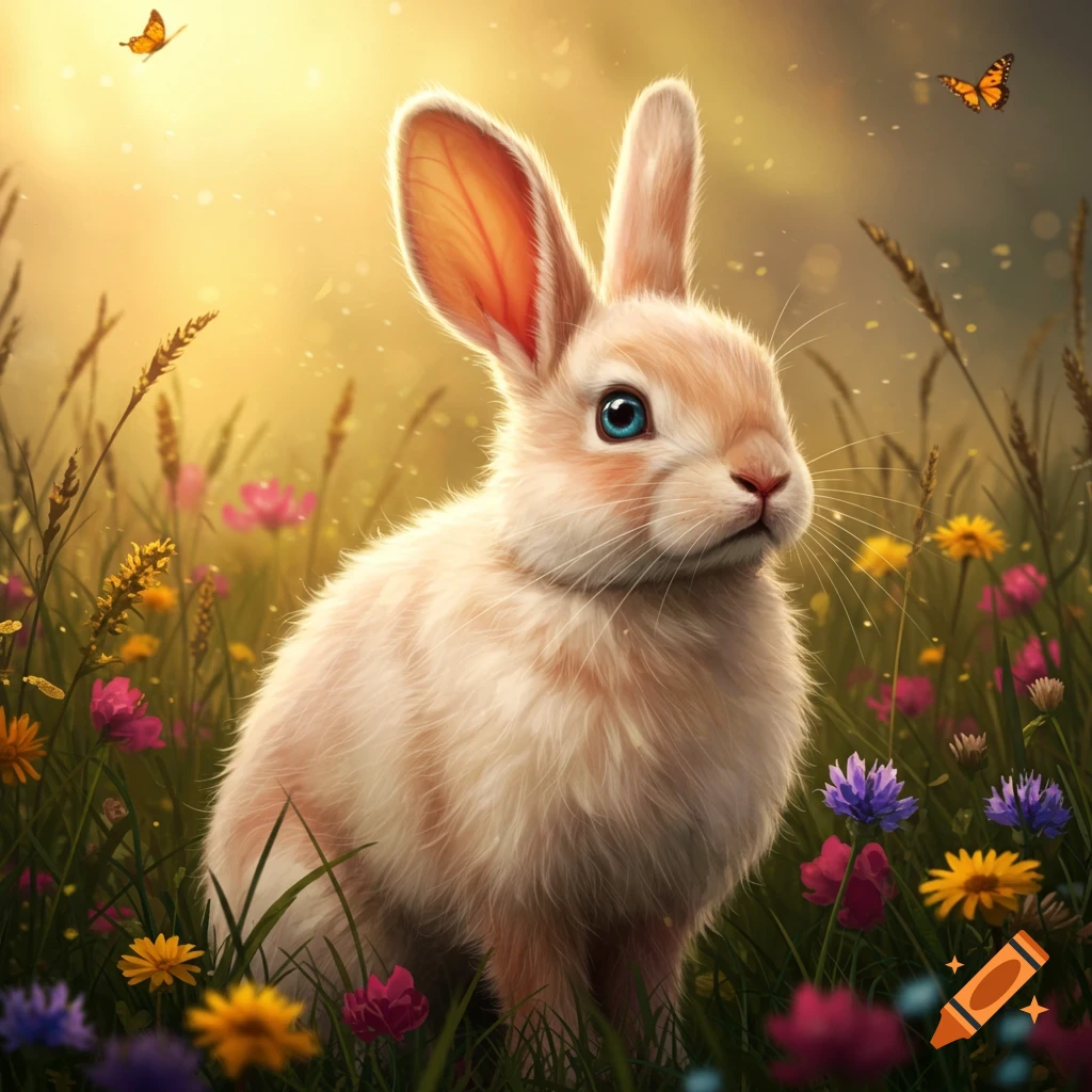 A photorealistic light-colored rabbit with blue eyes sits in a field of colorful wildflowers under golden sunlight with two butterflies.