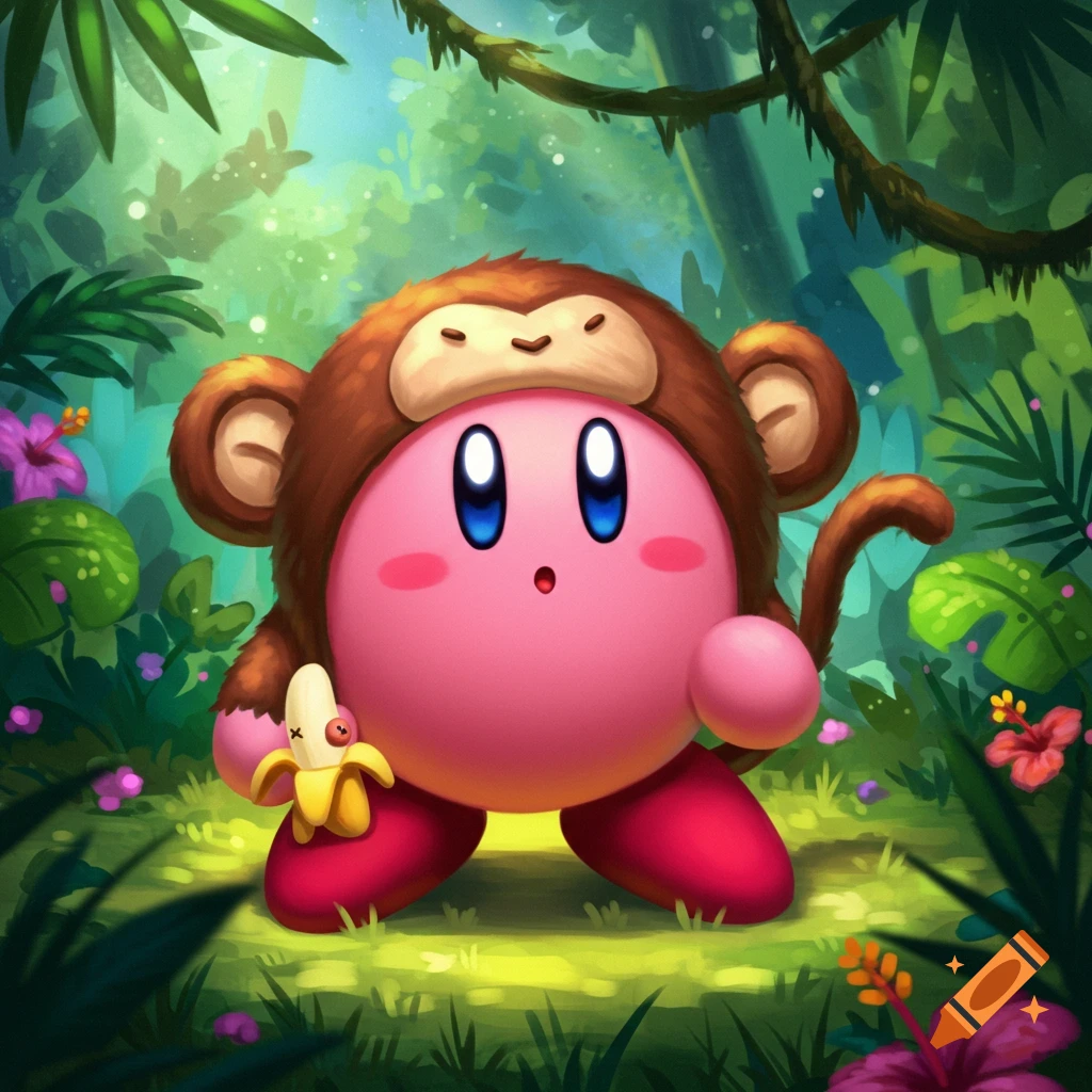 A confused Kirby dressed as a monkey, holding a banana, in a vibrant jungle setting.