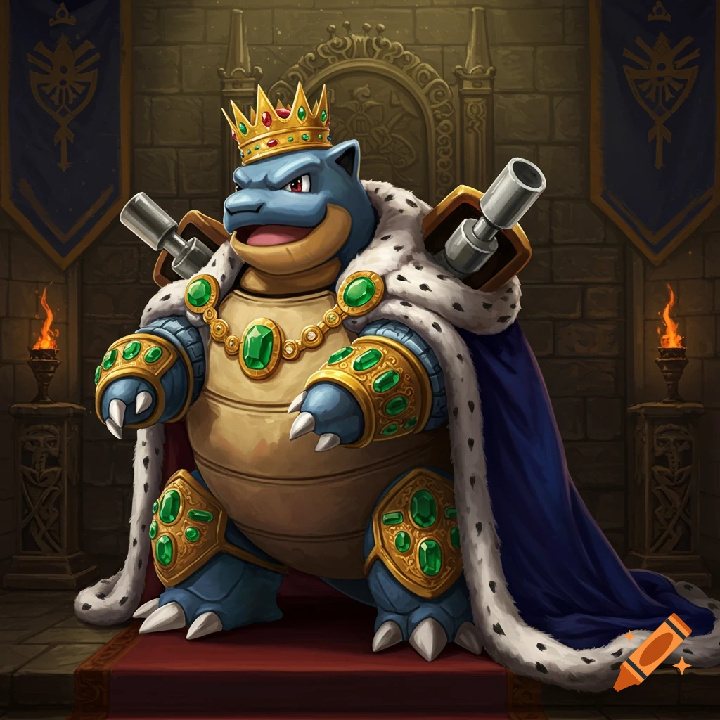 A detailed illustration of Blastoise dressed as a king, wearing a crown, gold and emerald jewelry, and a fur-trimmed blue cape, sitting on a red carpet in a castle hall.
