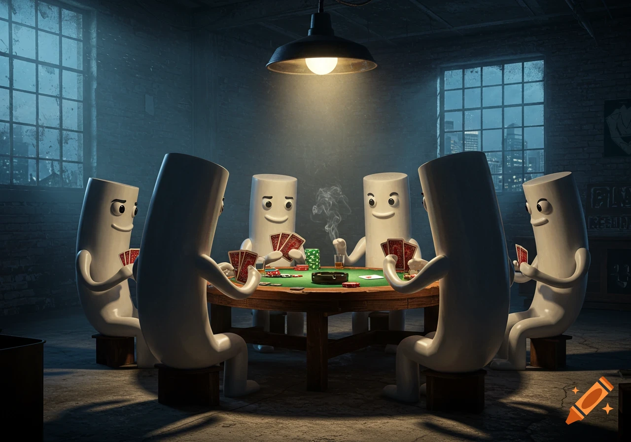 Five cartoon PVC pipe characters play poker at a green felt table in a dimly lit, grungy room with large windows.