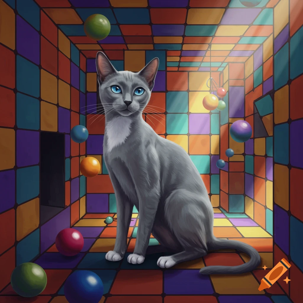 A gray cat with blue eyes and white paws and chest sits in a brightly colored room with a Rubik's Cube pattern and floating balls.