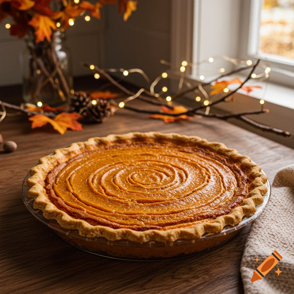 Photorealistic sweet potato pie with spiral design on a wooden table, autumn leaves, pinecones, and string lights in the background.