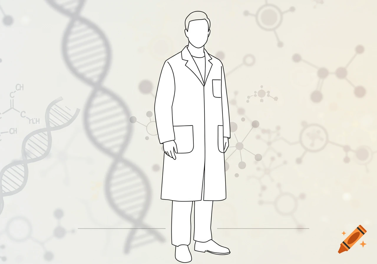 An outline drawing of a person in a lab coat standing, with blurred background elements of DNA strands and chemical structures.