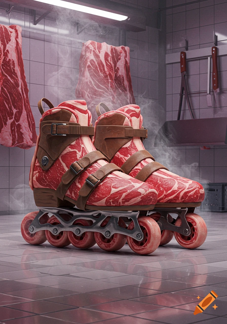 Photorealistic image of rollerblades made from raw meat, standing on a tiled floor in a butcher shop with hanging cuts of meat.