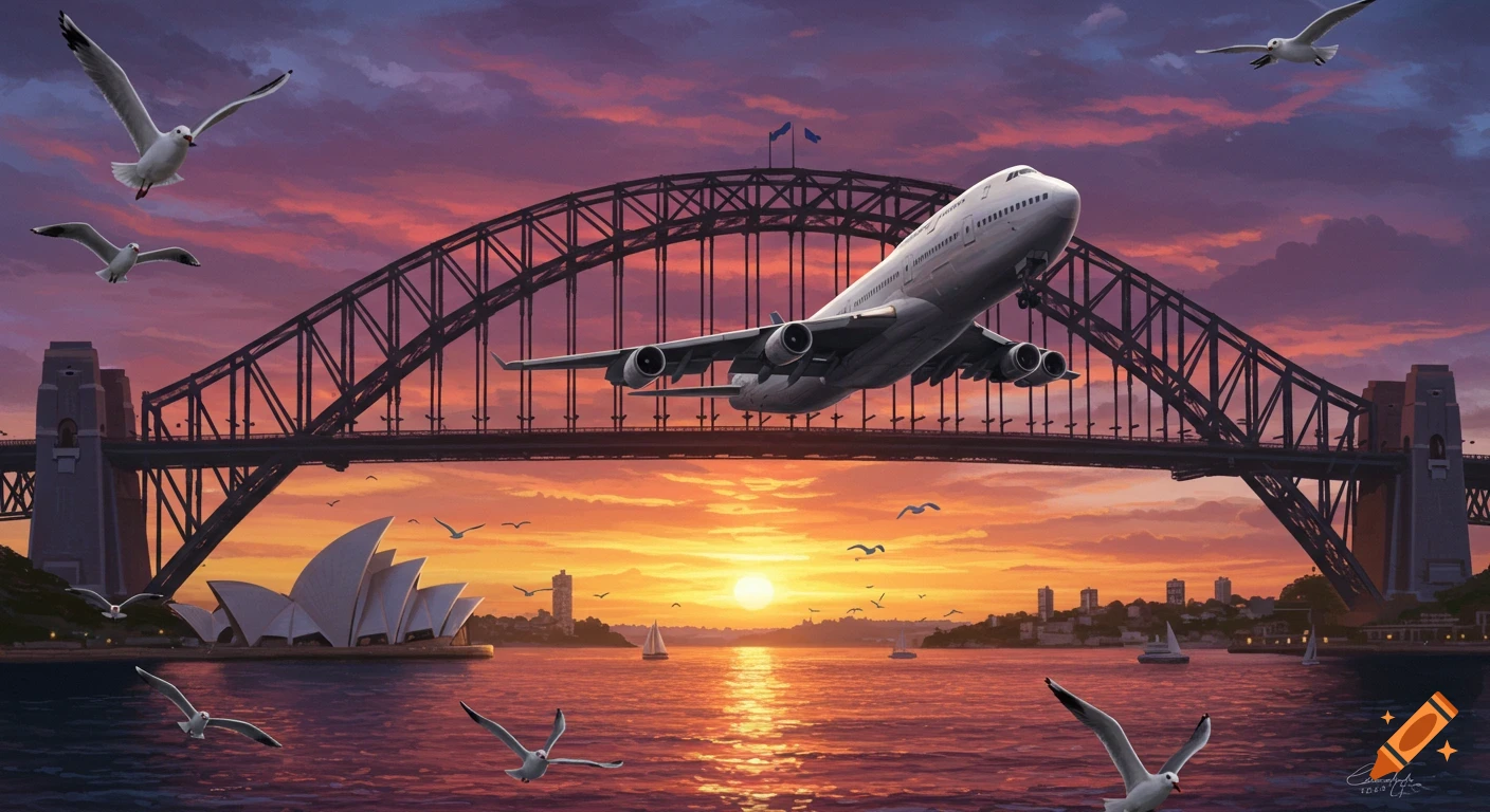 A Boeing 747 flies under the Sydney Harbour Bridge and past the Sydney Opera House at sunset, with seagulls flying over the water.