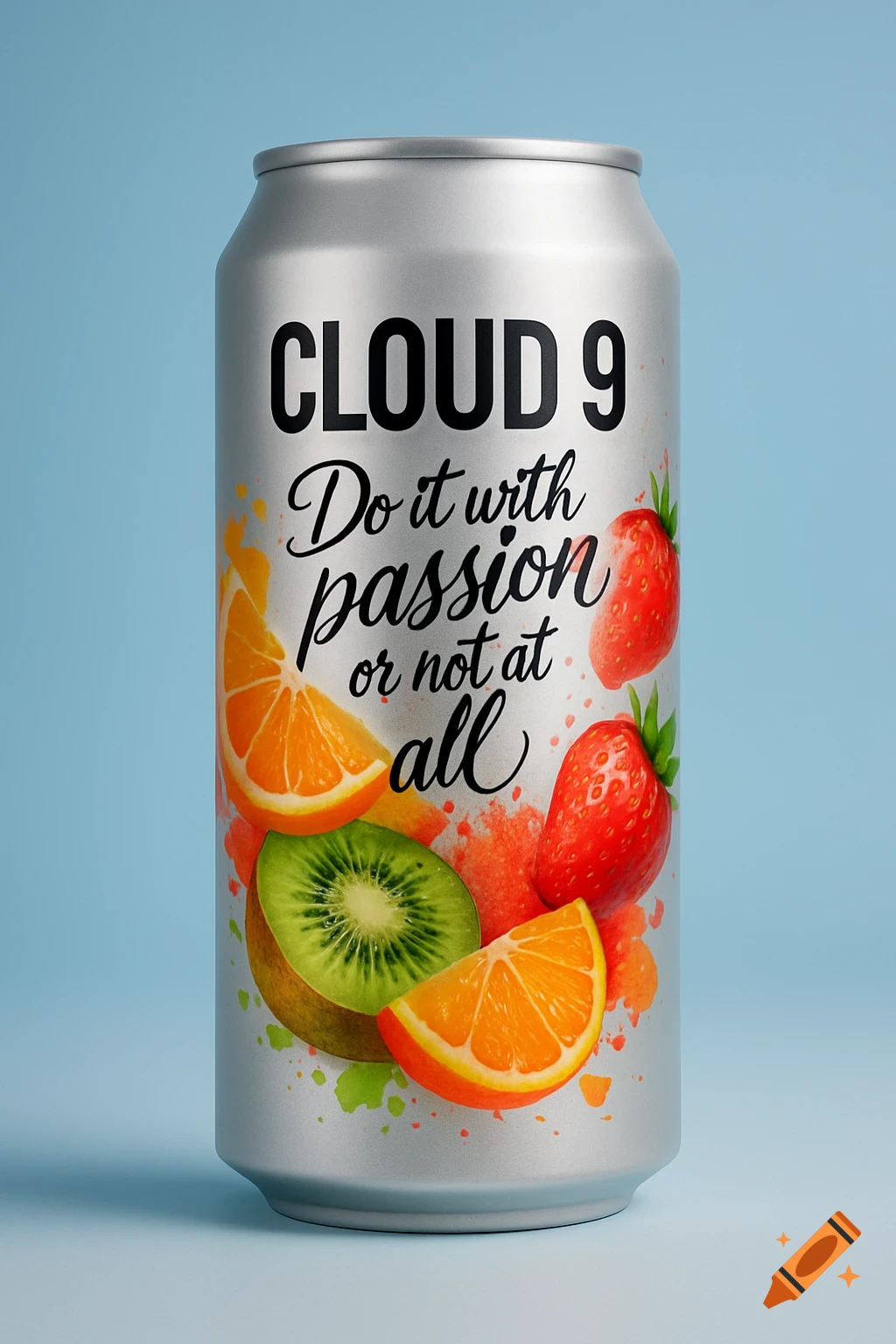 A photorealistic image of a silver beverage can with "CLOUD 9 Do it with passion or not at all" text and colorful fruit designs against a blue background.