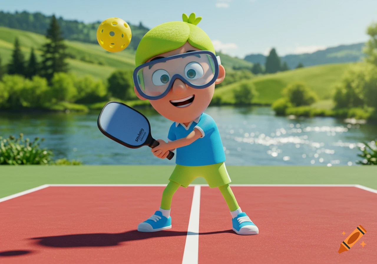 A cheerful cartoon character with green hair and goggles playing pickleball on a red court, with a river and green hills in the background.
