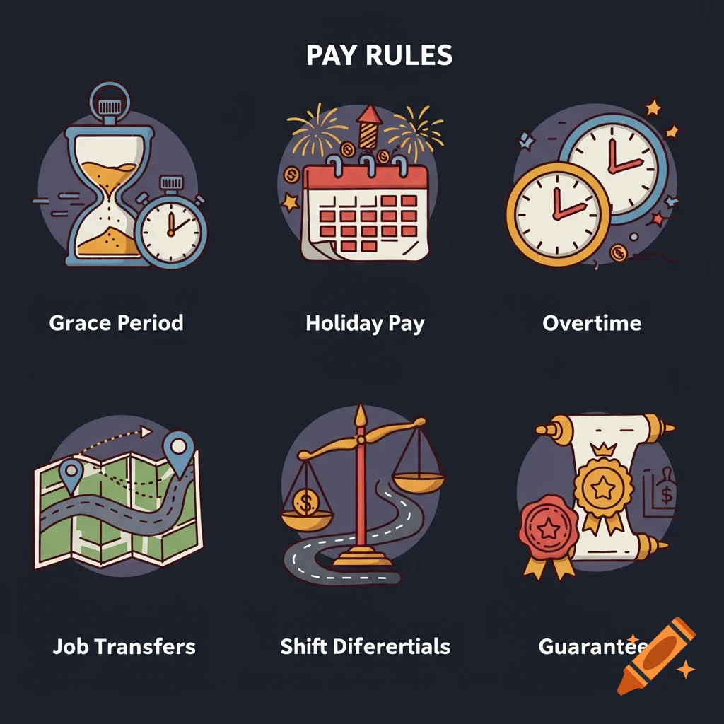 Vector illustration of six icons representing pay rules: Grace Period (hourglass), Holiday Pay (calendar), Overtime (clocks), Job Transfers (map), Shift Differentials (scale), and Guarantees (scroll).