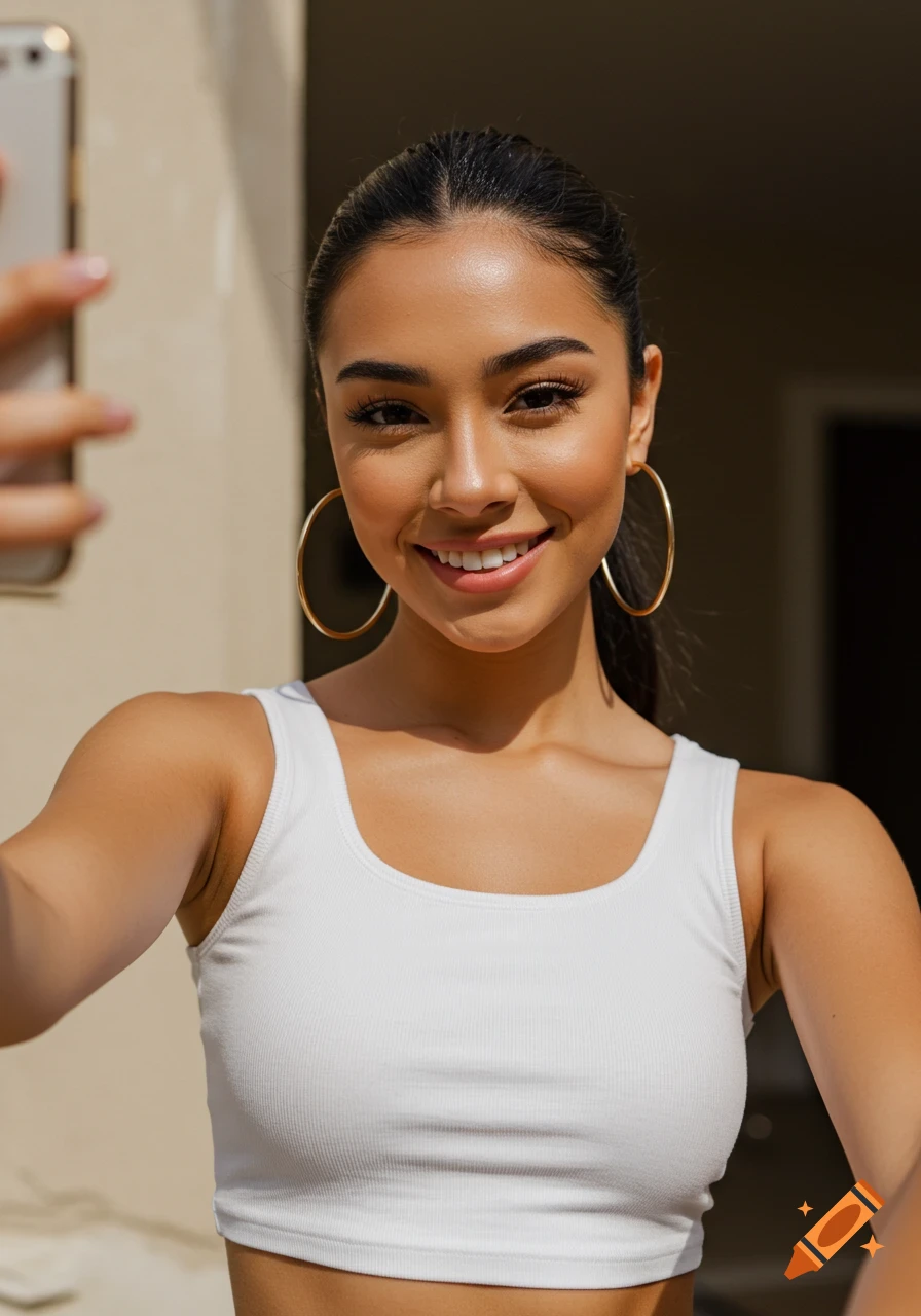 A photorealistic close-up of a smiling young woman with a ponytail and hoop earrings, wearing a white crop top, taking a selfie.