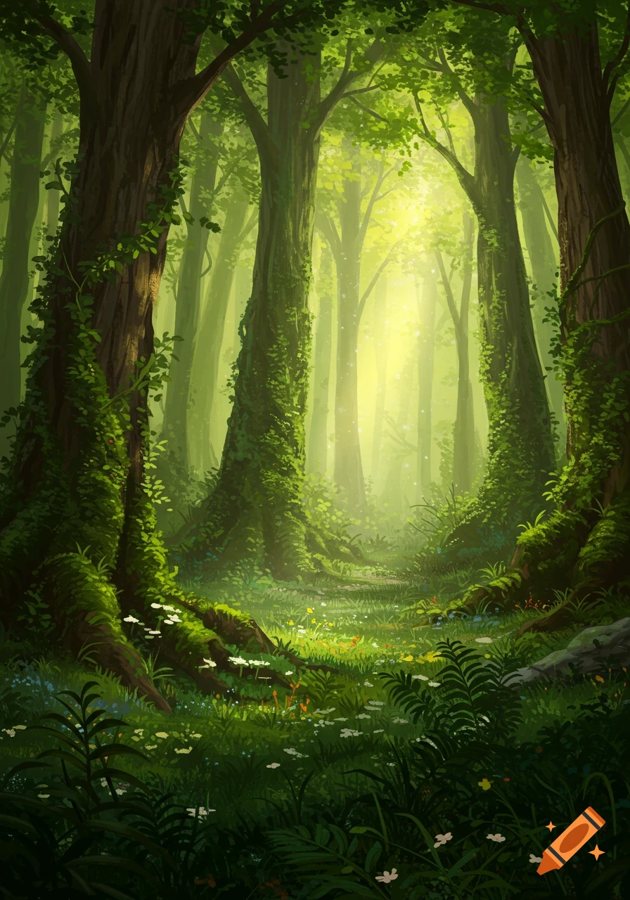 A vibrant, lush green forest with tall trees covered in moss and bright sunlight filtering through the canopy, illuminating a path.