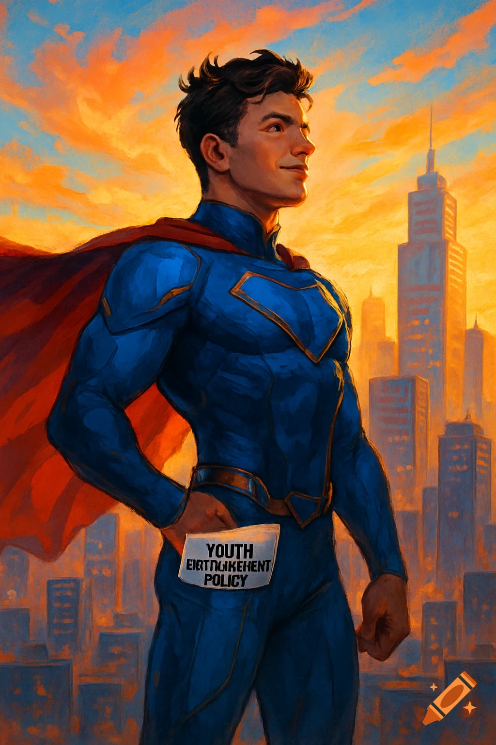 Male superhero stands against a vibrant sky over a city, with a piece of paper in his back pocket, painted style.