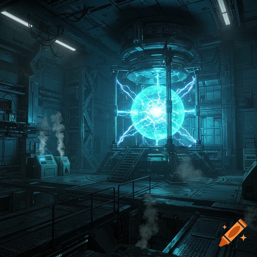 A glowing blue energy core with electrical discharges in a dark, futuristic industrial facility filled with machinery and steam.