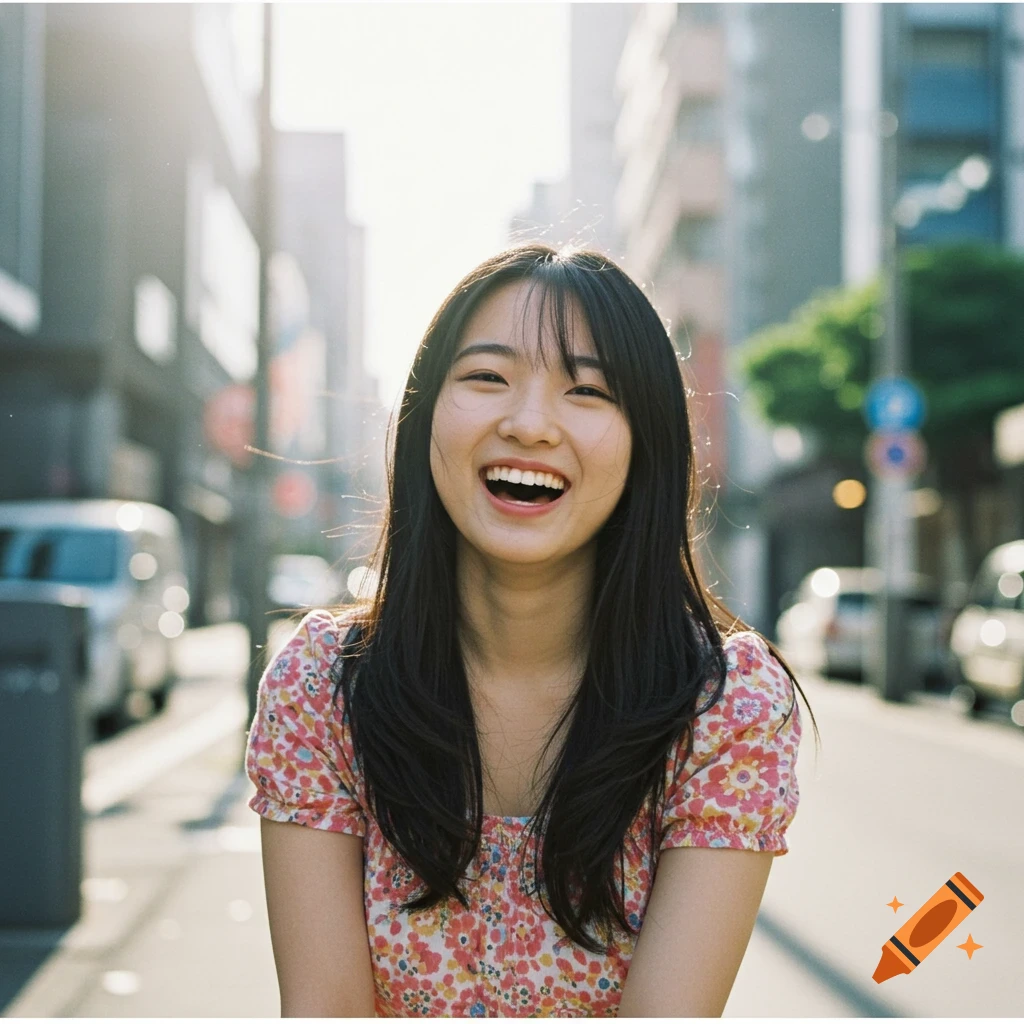 A young Asian woman with long dark hair laughing on a sunny city street. Photorealistic.