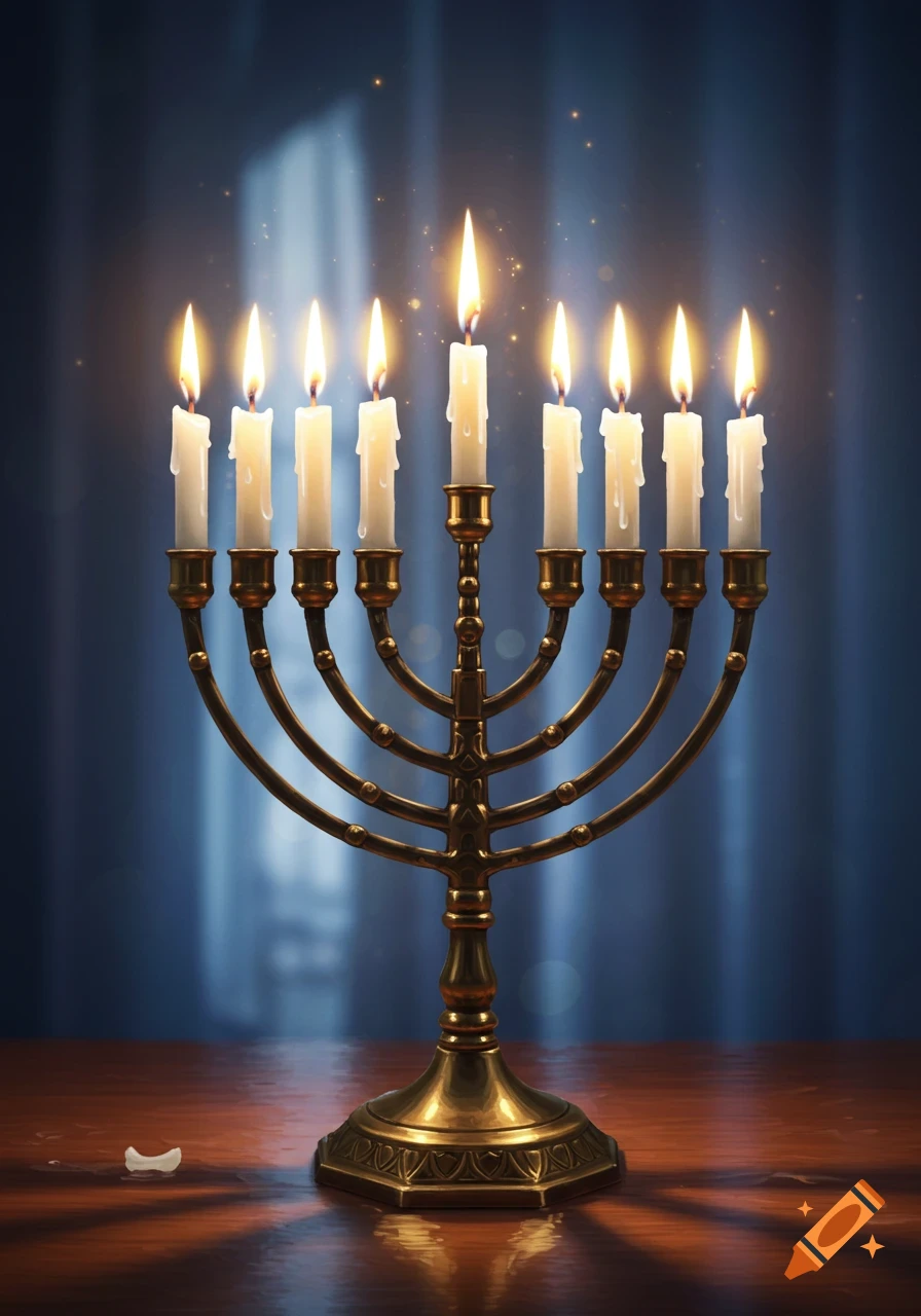 A photorealistic image of a golden menorah with nine lit candles on a dark wooden table against a blurred blue background.