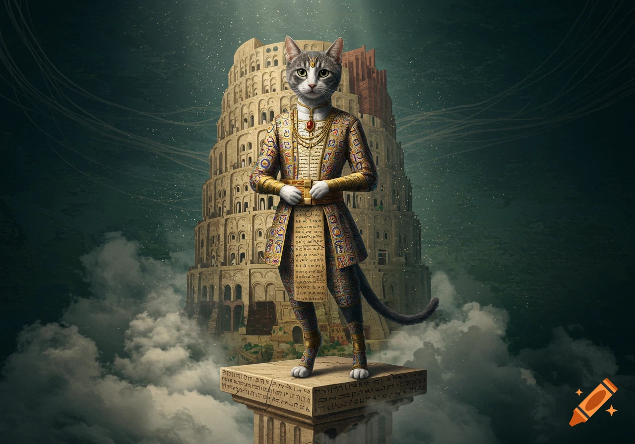 A majestic anthropomorphic cat in a golden, ancient-style outfit stands on a pedestal before a towering Babel-like structure amidst clouds and stars.